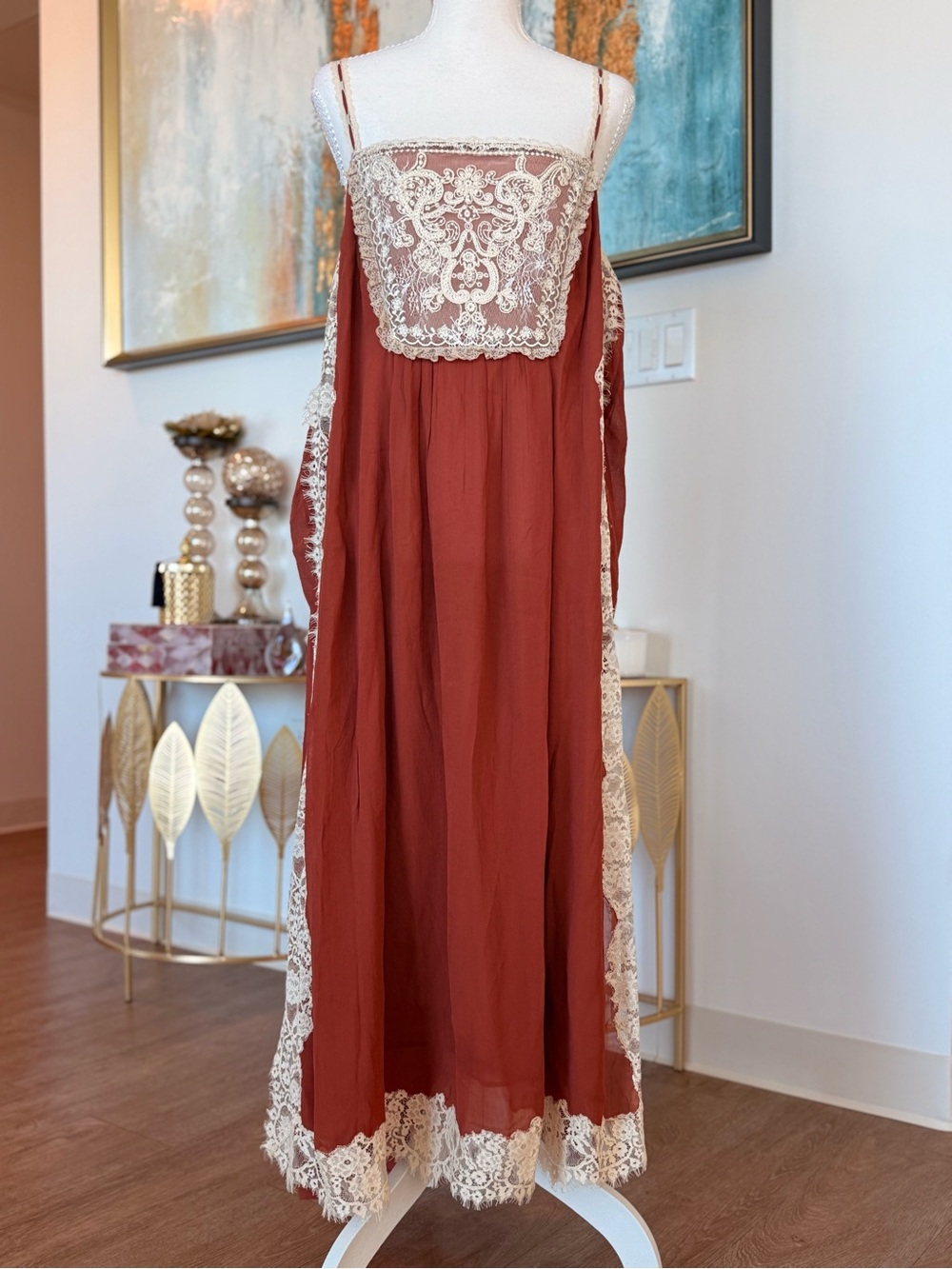 Rust Lace-Trim Slip Dress -Romantic Dress - Picture 3 of 10
